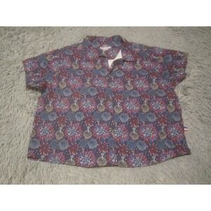 Academy Shirt Womens Small Blue Red Fireworks Short Sleeve Button Down Casual